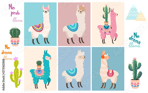 Set of stylish cartoon llamas and decorative elements. Vector illustrations.
