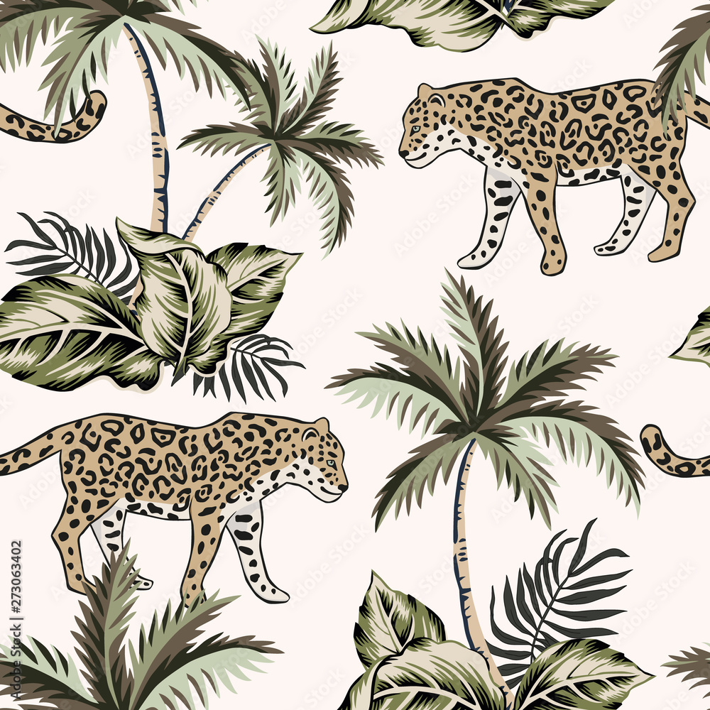 Obraz premium Tropical leopard animal, palm trees background. Vector seamless pattern. Vintage illustration. Exotic jungle. Summer beach design. Paradise nature 