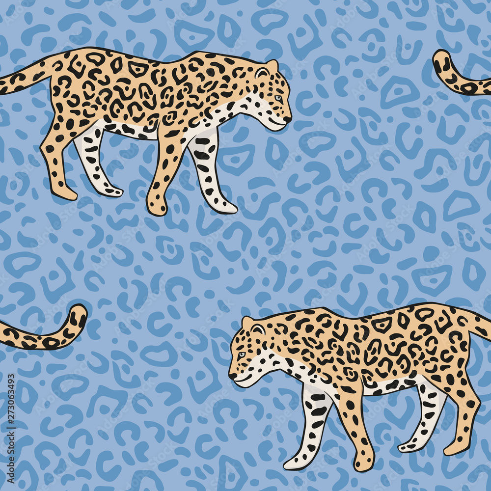 Tropical leopard animal, jaguar skin blue background. Vector seamless  pattern. Graphic illustration. Exotic jungle. Summer beach design. Paradise  nature Stock Vector | Adobe Stock