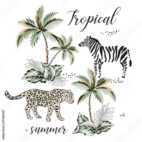 Tropical leopard  zebra animal  palm tree  leaves  white background. Print for tee shirt template  poster  card. Vector graphic illustration. Exotic jungle. Summer beach design. Paradise nature