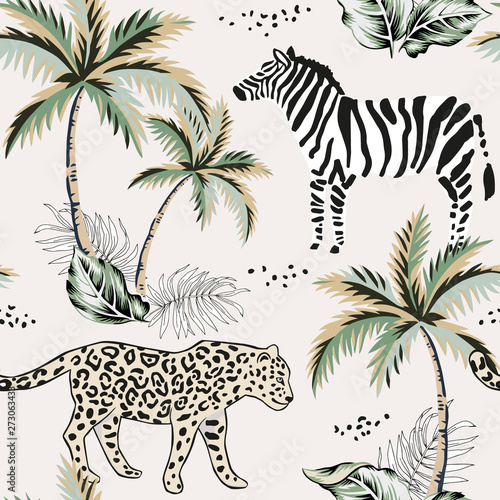 Tropical leopard, zebra animal, palm trees, leaves, beige background. Vector seamless pattern. Vintage illustration. Exotic jungle. Summer beach design. Paradise nature