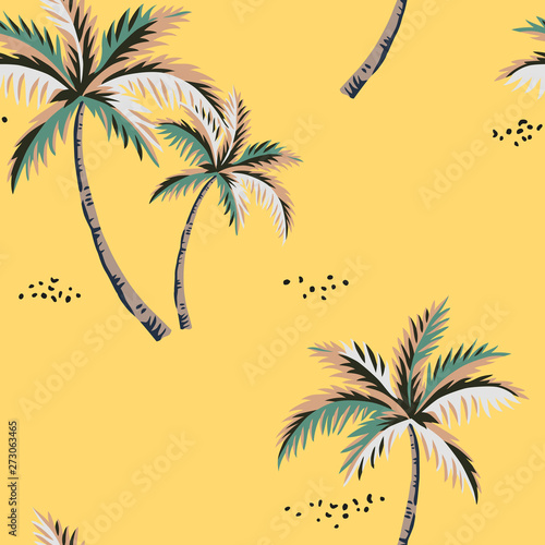 Tropical palm trees, yellow background. Vector seamless pattern. Vintage illustration. Exotic jungle. Summer beach design. Paradise nature