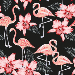 Fototapete Flamingomuster Tropische Flamingos Orchideen auf Schwarz  © ojardin