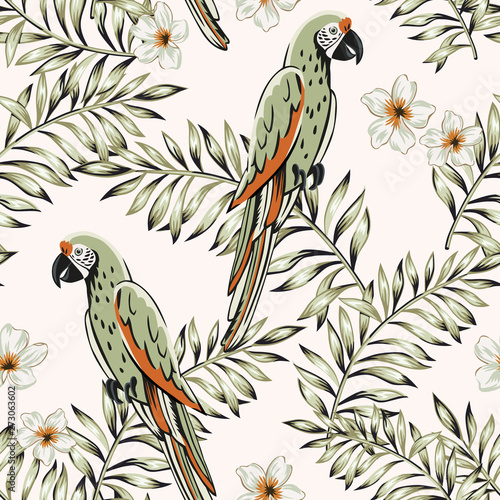 Macaw green parrots, palm leaves, plumeria flowers, light background. Vector floral seamless pattern. Tropical illustration. Exotic plants, birds. Summer beach design. Paradise nature