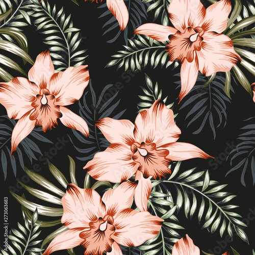 Tropical orchid flowers and palm leaves bouquets, black background. Vector seamless pattern. Jungle foliage illustration. Exotic plants. Summer beach floral design. Paradise nature