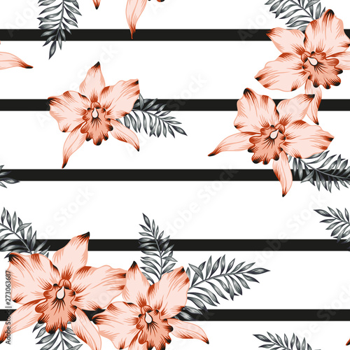 Tropical orchid flowers and palm leaves bouquets, striped background. Vector seamless pattern. Jungle foliage illustration. Exotic plants. Summer beach floral design. Paradise nature