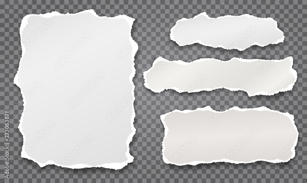 Fototapeta premium Set of torn white note, notebook paper strips stuck on dark grey squared background. Vector illustration