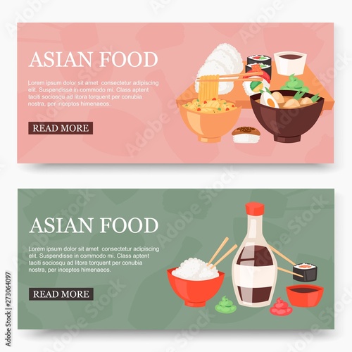 Asian food set of banners vector illustration. Traditional national dishes for menu, advertisement. Asian cuisine with noodles, soup, sushi with sauce and rice web design.