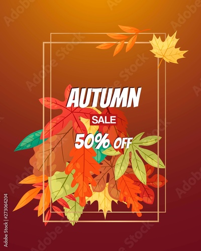 Autumn sale with leaf poster vector illustration. Green, red, orange, brown and yellow falling leaves. Colorful maple, chestnut and oak foliage. November, Autumn october seasons.