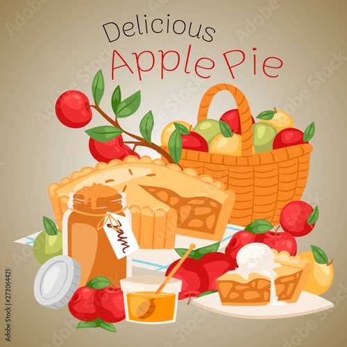 Apple pie banner vector illustration. Apple basket with jar of honey and bottle of jam. Delicious cake with ice-cream on top. Fresh and organic food. Apple of different color.