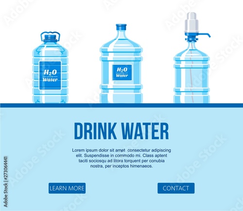 Drink water in plastic bottle set on white background website design banner vector illustration. Healthy agua bottles vector. Clean, pure drink in plastic water container with pump.