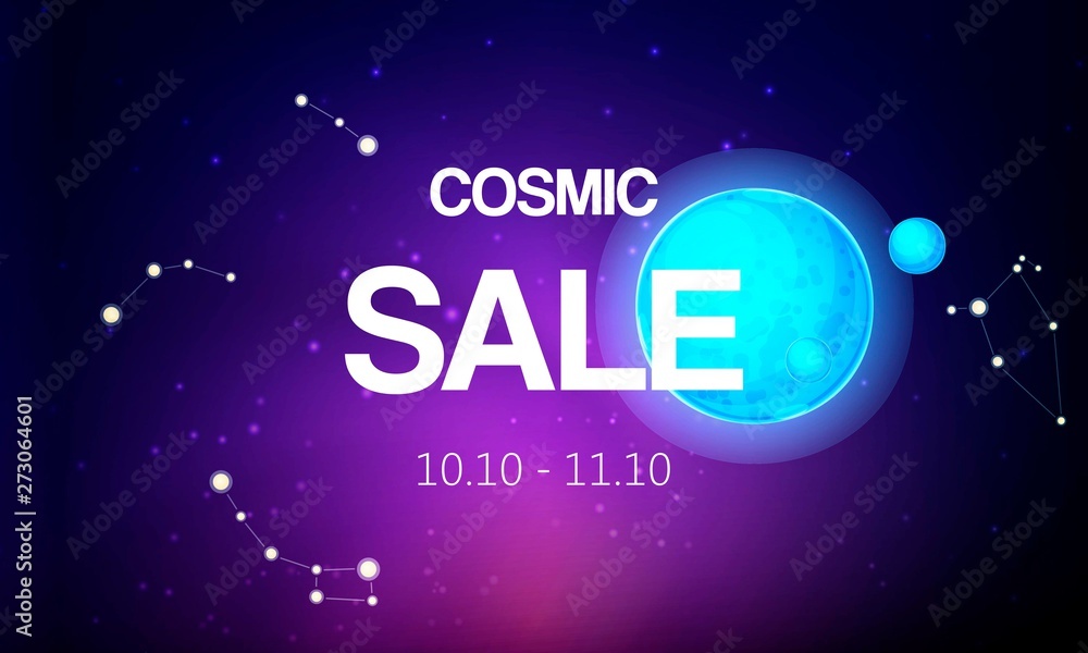 Cosmic sale banner vector illustration. Spaceship travel to new planets and galaxies. Space trip future technology. Open or outer space. Planets with satellite and constellation.