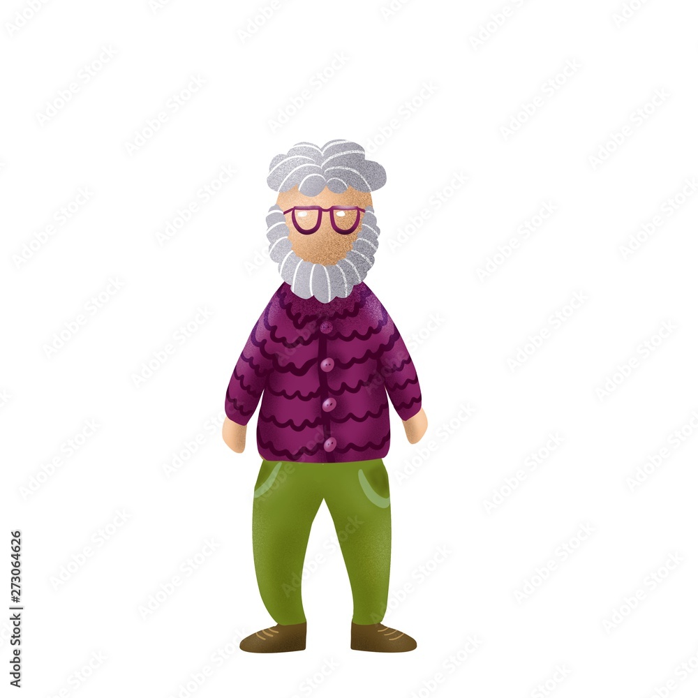 Grandfather senior digital illustration. Flat icons. Cute and stylish elderly gray-haired man fashionable with green jeans	