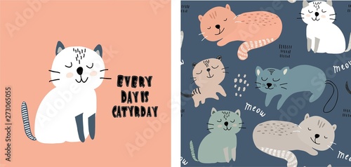 set of cute cat print and seamless pattern with cats. vector