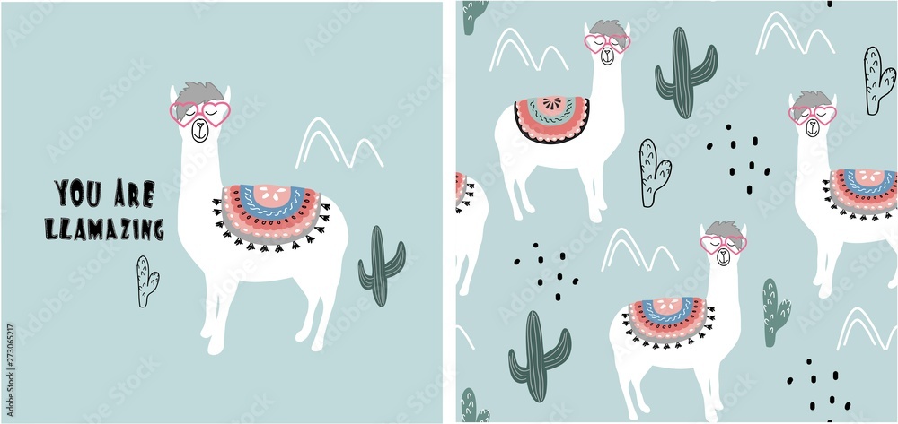 set of cute llama print and seamless pattern with llamas. vector Stock ...