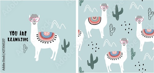 set of cute llama print and seamless pattern with llamas. vector