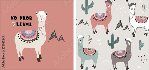 set of cute llama print and seamless pattern with llamas. vector