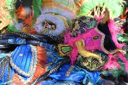 A heap of colorful carnival masks and costumes on an event in Berlin-Germany.
