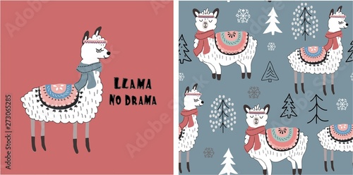 set of cute llama print and seamless pattern with llamas. vector