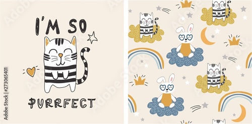 set of cute cat print and seamless pattern with cats. vector