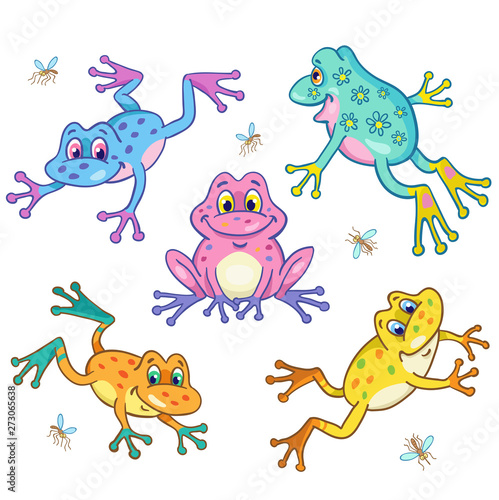 Round dance of funny colorful frogs in cartoon style. Isolated on white background.
