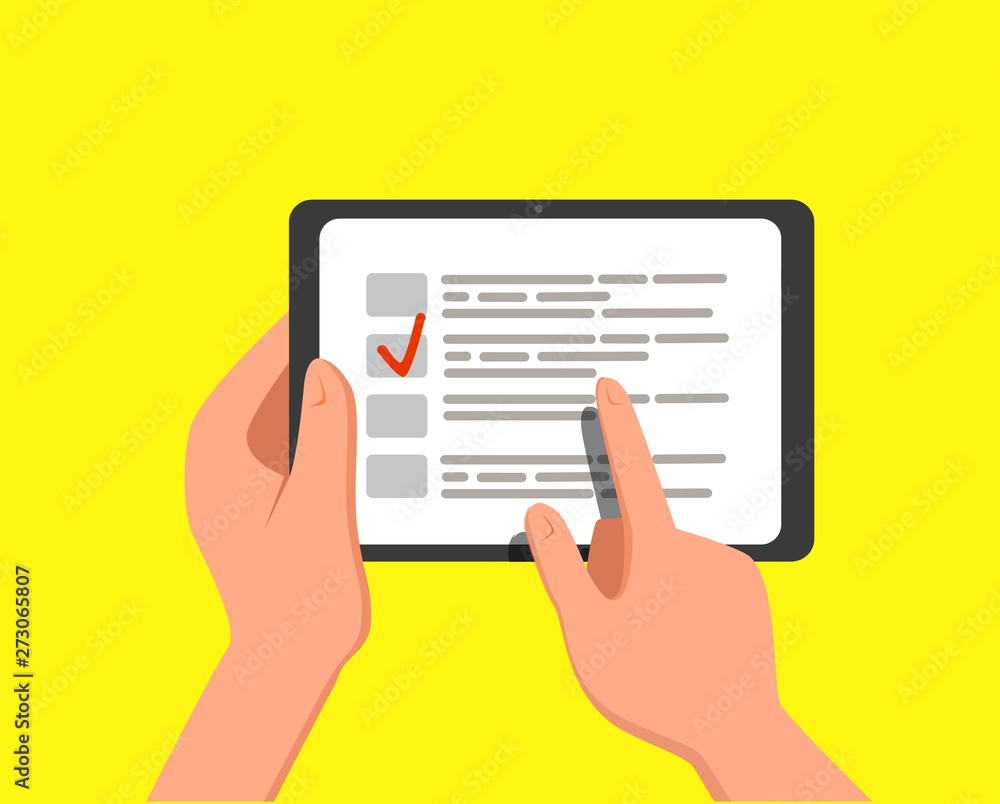 Computer tablet with checklist on screen. Online form survey, tablet with showing long quiz exam paper sheet document, online questionnaire results. Computer tablet with checklist on screen. Online form survey, tablet with showing long quiz exam paper sheet document, online questionnaire results.