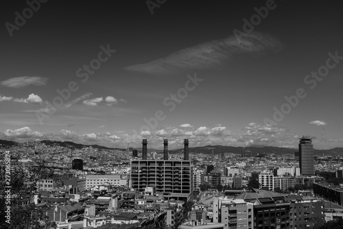 Barcelona downtown district, black and white urban scenery.