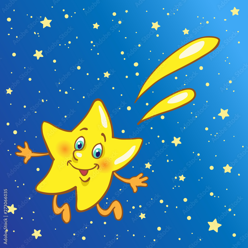 Funny shooting star in cartoon style in the night sky. Vector illustration.