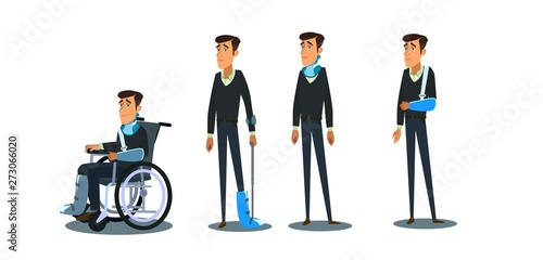 Character set of a person with injuries. Broken limbs. The consequences of the accident. Vector illustration ,