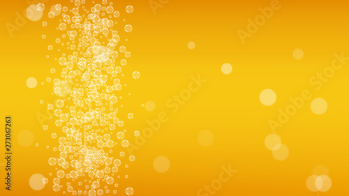 Splash beer. Background for craft lager. Oktoberfest foam. Pale pint of ale with realistic white bubbles. Cool liquid drink for bar flyer concept. Golden jug with splash beer.