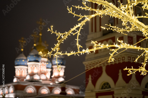 Khram Varvary Velikomuchenitsy church in central Moscow by night during winter festive season