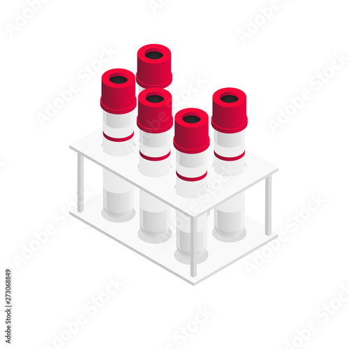 Red Vacutainer blood collection tubes in isometric design, range of test tubes in the stand, vector illustration isolated on white background.