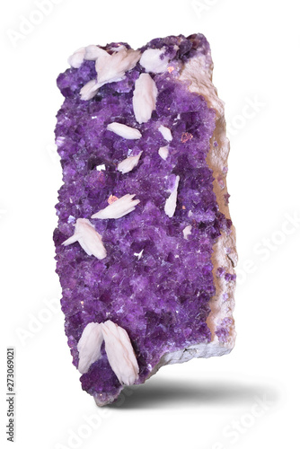 Obraz na plátně Purple fluorite with white barite crystals, isolated on white.