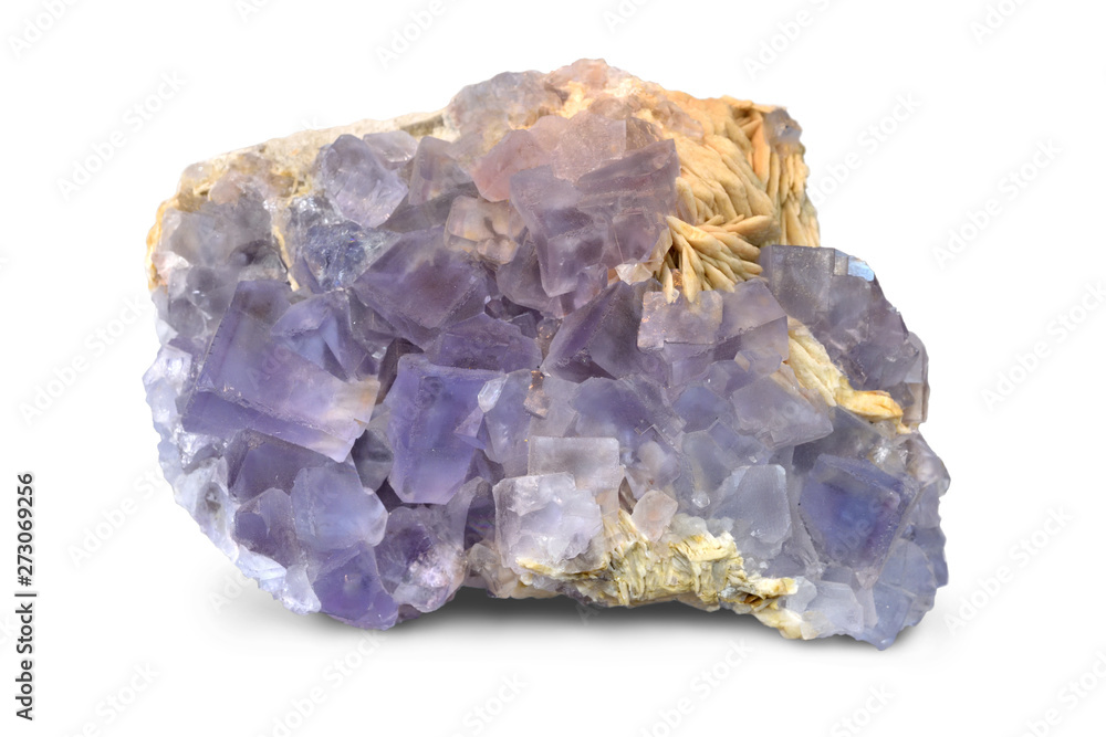 Purple fluorite cubes with barite, on a white background. Purple fluorite cubes with barite, on a white background.