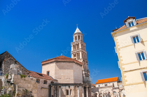 Split, Dalmatia, Croatia, cathedral of Saint Domnius and Diocletian Palace in Split, Dalmatia, Croatia, historic Peristil UNESCO world heritage site