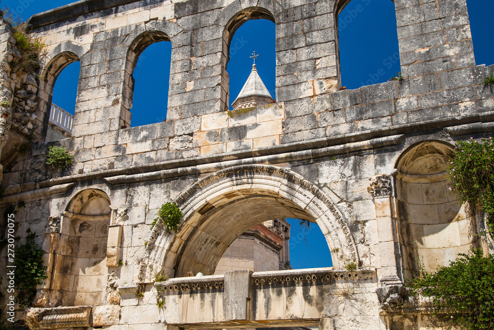 Walls of the Diocletian's Palace in Split, Croatia - Famous Diocletian Palace was built for Roman Emperor Diocletian in historic center of todays city of Split