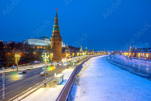 Russian Federation. Moscow. Panorama of Kremlin in winter. Grand Kremlin palace. Christmas decorated streets of Moscow. Frozen Moscow river.  Russian cities. The capital of Russia in Christmas.