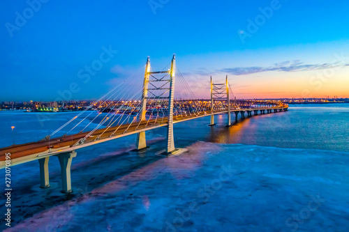 Saint-Petersburg. Russia. Cable-stayed bridge over the ship's fairway winter. Bridge in the Neva Bay. Western high-speed diameter. Evening Neva. Petersburg bridges. Russian cities. Petersburg roads.