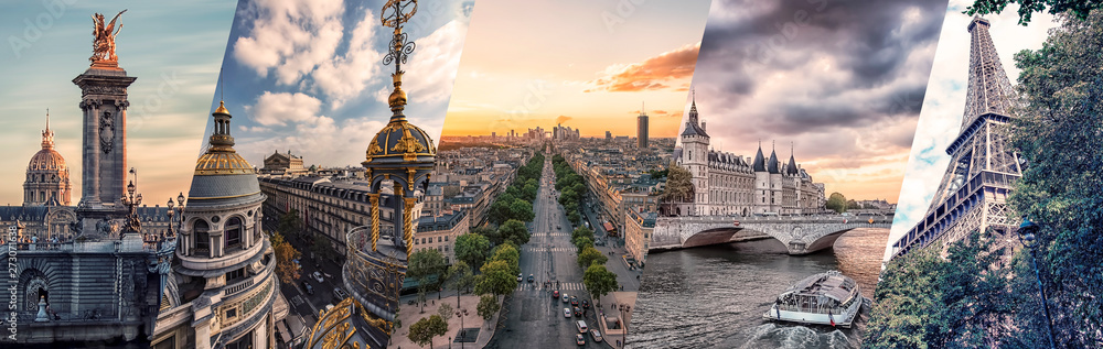 Paris famous landmarks collage - obrazy, fototapety, plakaty 