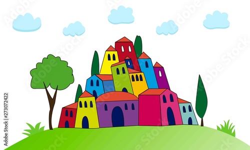 Paisaje con casas de colores.