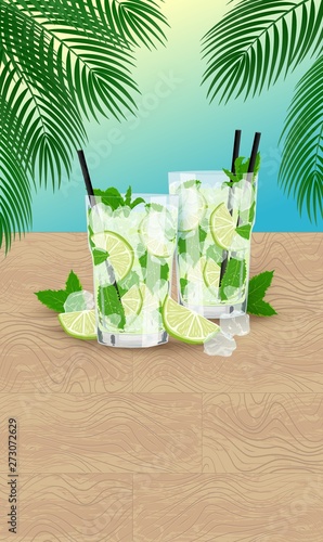 Vector poster with couple of glasses of lemonade or Mojito cocktail, palm leaves on wood textured background. Template summer design with copy space for text, invitation, offers, menu.