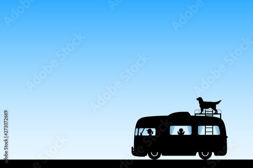 Retro car on road. Illustration with silhouettes of people and dog traveling in camper. Family road trip. Blue pastel background.