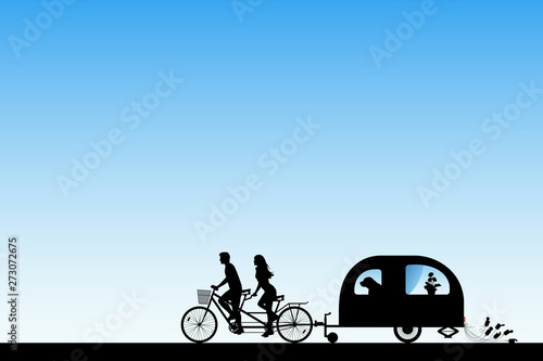 Newlyweds on bike tandem on road. Illustration with silhouettes of people and dog traveling with camper trailer. Family road trip. Blue pastel background