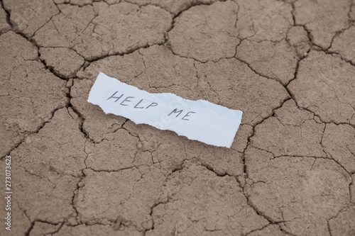 Help me - the inscription on a piece of paper on dry cracked earth.