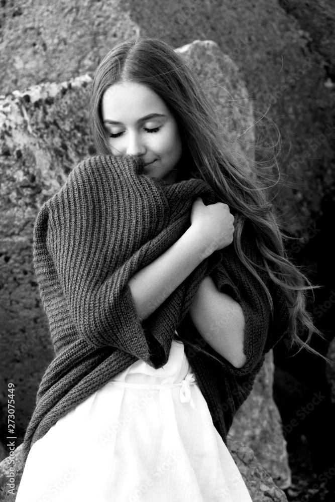 Fototapeta premium black and white caucasian woman portrait on the beach