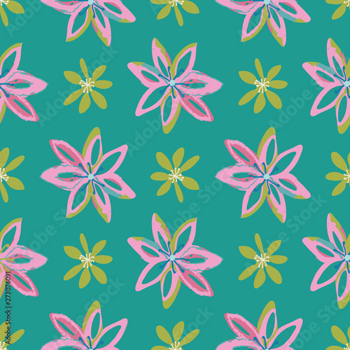 Cheerful modern floral seamless pattern in a colorful palette of teal, pink and yellow. Repeat vector tiled design, great for textiles, stationery, fashion, kids clothing, paper items and home decor.