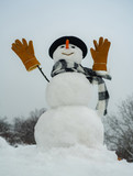 New year concept. Snow men. Merry Christmas and happy new year greeting card with copy-space. Funny snowman in stylish hat and scarf on snowy field