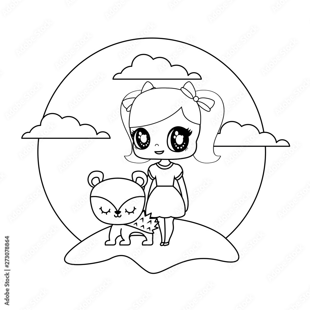 Obraz premium cute little doll with porcupine animal in landscape