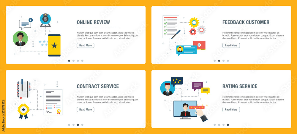 Internet banner set of feedback, review, contract service and rating icons.