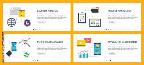 Internet banner set of security, project management, performance and application icons.